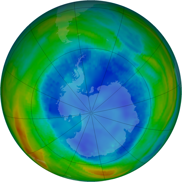 Antarctic ozone map for 15 August 2001